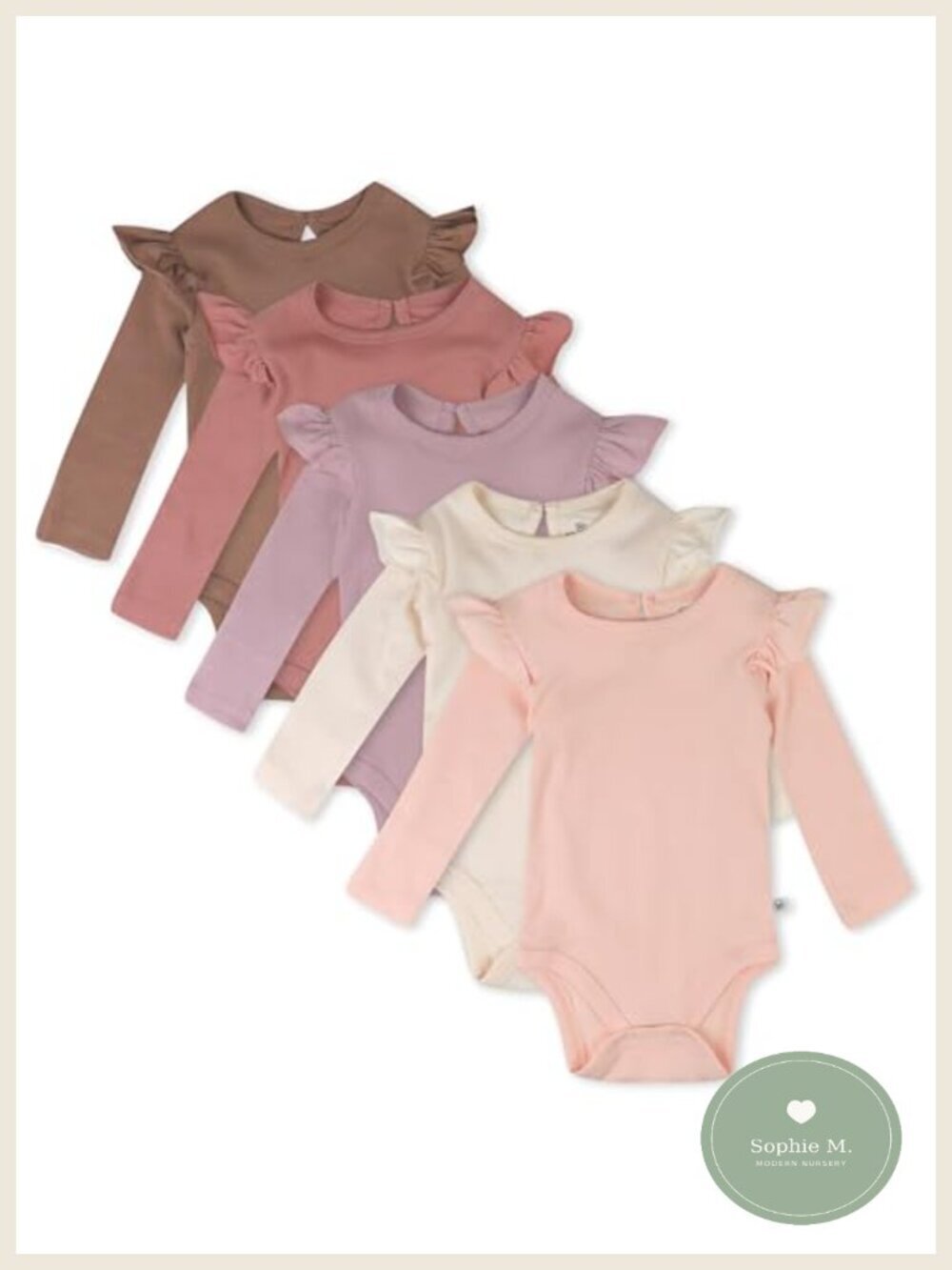 5-Pack Long Sleeve Ruffle Shoulder Bodysuits 100% Organic Cotton Infant Baby
